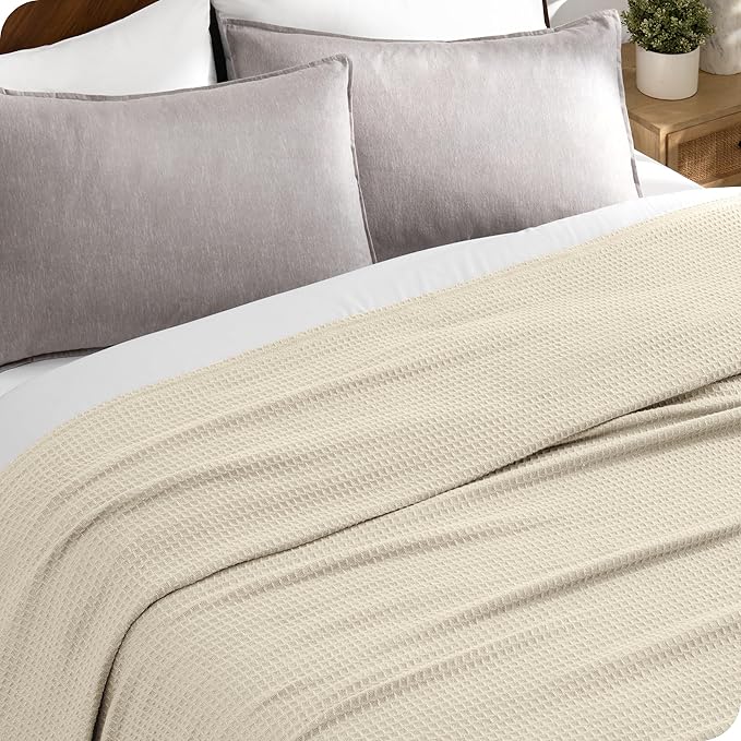 Bare Home Oyster Waffle Blanket, Extra Long 66Wx90L, 100% Cotton, Soft & Breathable Throw for All Seasons, Lightweight Blanket, Perfect for Layering Bed, Sofa & Couch (Twin/Twin XL, Oyster)
