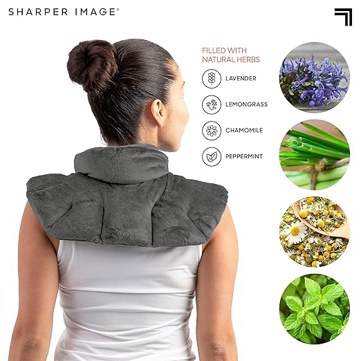 Sharper Image Heated Neck & Shoulder Wrap - Microwavable Warm & Cooling Plush Pad, Scented Aromatherapy (100% Natural Lavender & Herb Spa Blend), Pain Tension Headache Relief Therapy, Gift for Women