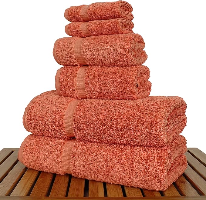 Luxury Hotel & Spa Quality Collection, Highly Absorbent & Quick Dry 100% Turkish Cotton, 750+ GSM, Eco Friendly Towel, Dobby Border Towels, 2 Bath Towel, 2 Hand Towel, 2 Washcloths (6 Piece, Coral)