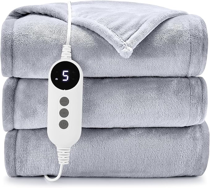 HYLEORY Heated Electric Blanket Throw, 2-Layer Cozy Warm Flannel 62" x 84", Heating Blanket with 9 Heating Levels, 2/4/6/10 Hours Auto Off, Fast Heating Winter Blanket, Light Grey