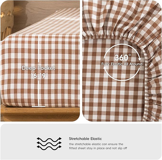 MooMee Gingham Sheet Set 100% Washed Cotton Linen Like Textured Breathable Soft w/ Fully Elasticized 16-19" Deep Pocket (Classic Gingham Dark Orange, Queen)