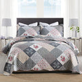 HoneiLife Quilt Set Queen Size - 3 Piece Microfiber Quilts Reversible Bedspreads Patchwork Coverlets Floral Bedding Set All Season Quilts-Grey Rose,Queen/Full Size