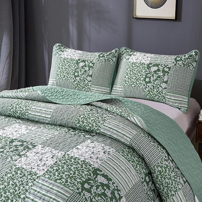 Mybedsoul Green Quilt Set Twin Size, 2 Pieces Plaid Floral Bedspread Set Patchwork Reversible Bedding Set Microfiber Lightweight Bedspread Coverlet Set for All Season 68"x86"