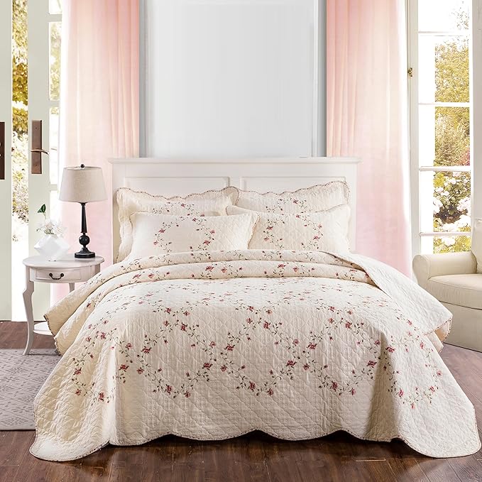 Quilt Set Floral Leaves 3D Embroidery Pattern 3 PCS Cotton Reversible Quilted Embroidered Decorative Bedspreads Coverlet Set, Lightweight &Soft Queen Size Beige Bedding Coverlet for All Season