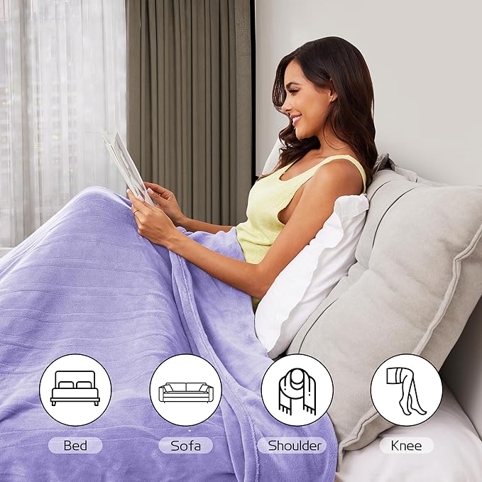 Electric Heated Blanket 84"x90" Queen Size, Soft Coral Fleece, Dual Controllers with 4 Heating Levels and 10 Hours Auto-Off, Machine Washable, Cozy Plush Fabric for Home, Light Purple
