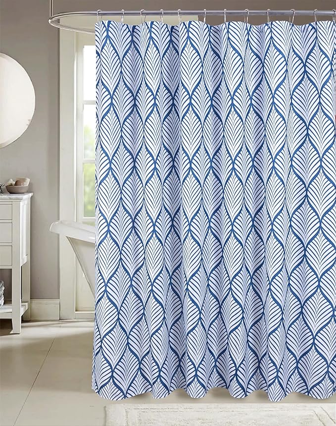 Serafina Home Hotel Quality Fabric Bathroom Shower Curtain: Tropical Palm Leaf - Navy and White (72 x 70 inches)