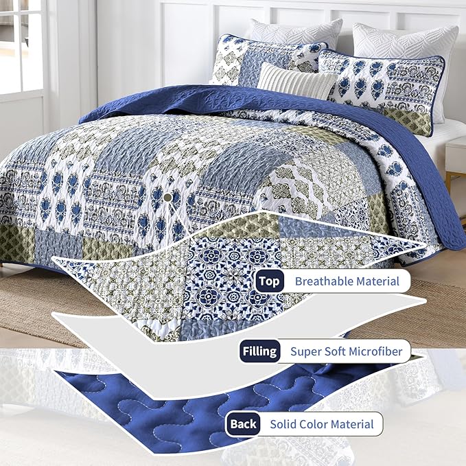 Mybedsoul Blue Quilt Set King Size 3 Pieces Boho Plaid Aqua Blue Floral Bedspread Set Microfiber Lightweight Bohemian Bedding Set for All Season (1 Quilt + 2 Pillow Shams) 90"x104"