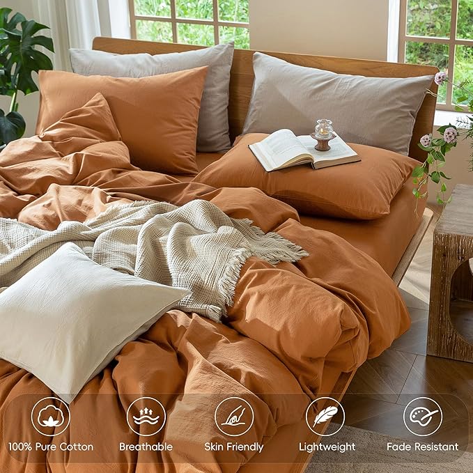 MooMee Bedding Duvet Cover Set 100% Washed Cotton Linen Like Textured Breathable Durable Soft Comfy (Solid Burnt Orange, Full 80"x90")