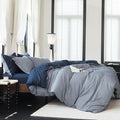 Reversible Duvet Cover Set 100% Washed Cotton Blue Stripe Linen Feel Duvet Cover Queen Size with Zipper Closure & 2 Pillow Shams,Navy/White Stripe Reverse Solid Navy