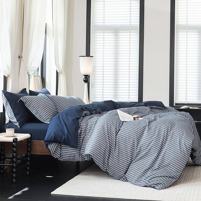 Reversible Duvet Cover Set 100% Washed Cotton Blue Stripe Linen Feel Duvet Cover Queen Size with Zipper Closure & 2 Pillow Shams,Navy/White Stripe Reverse Solid Navy