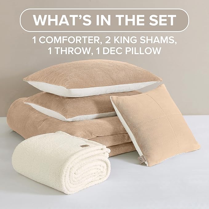 UGG Comforter Set 5 Piece Bed in a Bag with Throw Blanket, Decorative Pillow, Shams, and Reversible Comforter Hypoallergenic Washable Luxury Warm Fluffy Bedding Set, Ivory, King Size (Remina)