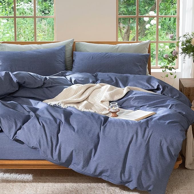 MooMee Bedding Duvet Cover Set 100% Washed Cotton Linen Like Textured Breathable Durable Soft Comfy (Heathered Blue, Super Queen 90"x98")
