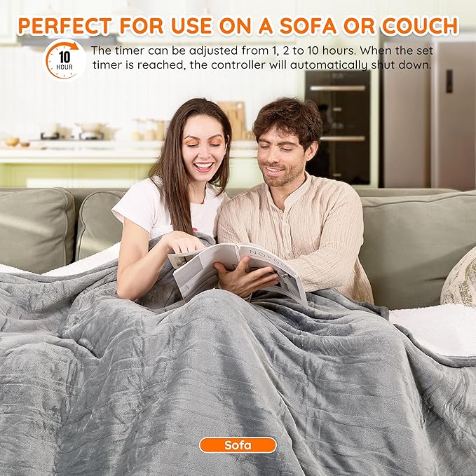 Mia&Coco Heated Blanket Queen Size （84"x90"） Dual Control Flannel Electric Blanket,10 Heat Levels,10-Hour Auto-Off, Fast Heating, Overheat Protection, Soft Heating Blanket for Home and Office- Gray