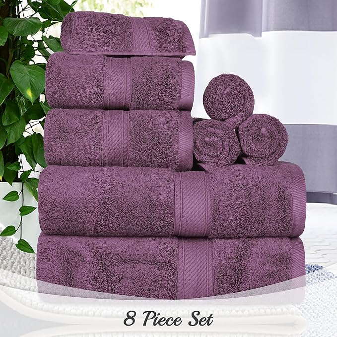 Superior Egyptian Cotton Pile 8 Piece Towel Set, Includes 2 Bath, 2 Hand, 4 Face Towels/Washcloths, Ultra Soft Luxury Towels, Thick Plush Essentials, Guest Bath, Spa, Hotel Bathroom, Plum