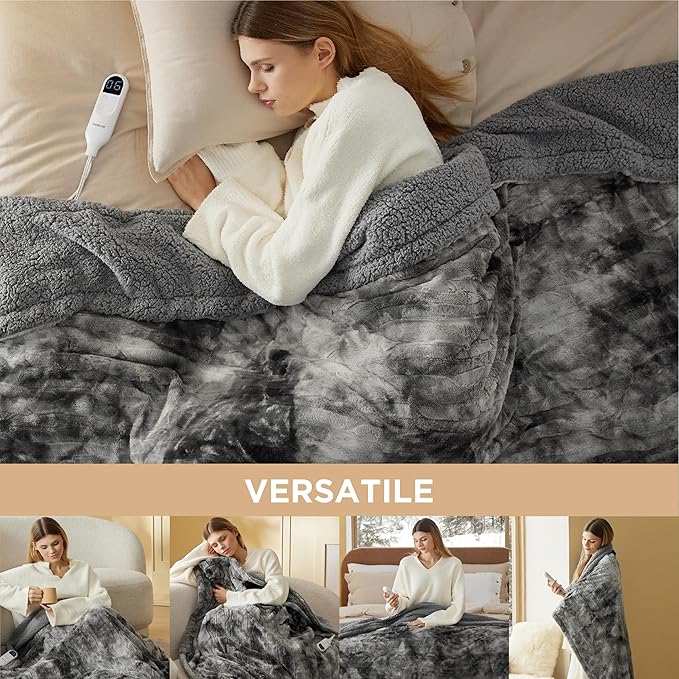 Bedsure Faux Fur Heated Blanket Full Size, Fast Heating Electric Blanket Full Size with 6 Heating Levels & 10 Time Settings, Cozy Gifts for Women Men (72x84 inches, Grey)