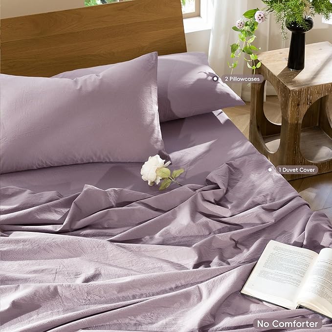 MooMee Bedding Duvet Cover Set 100% Washed Cotton Linen Like Textured Breathable Durable Soft Comfy (Solid Taro Purple, Full 80"x90")
