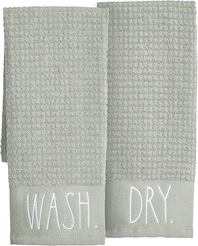 Rae Dunn Hand Towels, Embroidered Decorative Hand Towel for Kitchen and Bathroom, 100% Cotton, Sage- Wash/Dry, 16"x 26"