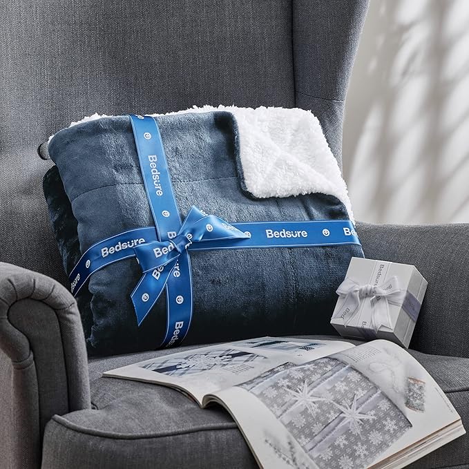 Bedsure GentleSoft Sherpa Fleece Blankets King Size for Bed - Thick and Warm, Soft Fuzzy Plush King Blanket for Winter, Slate Blue, 108x90 Inches