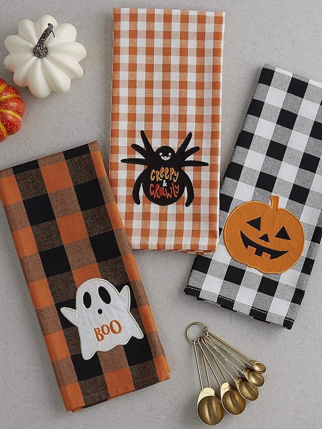 DII Happy Halloween Dishtowel Collection Embellished Cotton Kitchen Hand Towel Set, 18x28, Spooky Farmhouse Buffalo Check, 3 Count