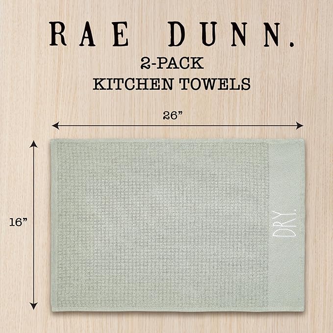 Rae Dunn Hand Towels, Embroidered Decorative Hand Towel for Kitchen and Bathroom, 100% Cotton, Sage- Wash/Dry, 16"x 26"