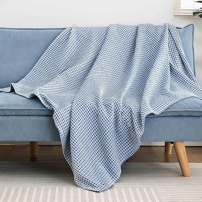 EGOHOME 100% Cotton Waffle Blanket Twin Size for Bed-Breathable and Lightweight,Soft Dual-Tone Textured Jacquard Waffle Weave Blankets for All Seasons,Navy Blue,60 x 80 Inches