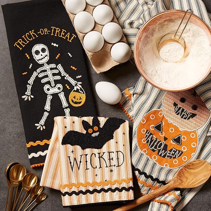 DII Happy Halloween Dishtowel Collection Embellished Cotton Kitchen Hand Towel Set, 18x28, Trick or Treat Skeleton, 3 Count