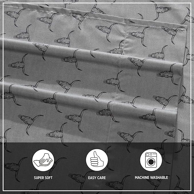 Wrangler - King Bed Sheets, Ultra-Soft & Lightweight Bedding with Matching Pillowcases, Lightweight Bed Set for All Season Comfort, Oeko-Tex Certified (Steer Skulls Grey)
