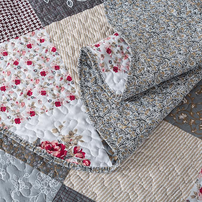 HoneiLife Queen Size Quilt Set - 3 Pieces - Grey Border Microfiber Bedding Set - Lightweight, Reversible Coverlets, Floral Bedding - All Season Quilts
