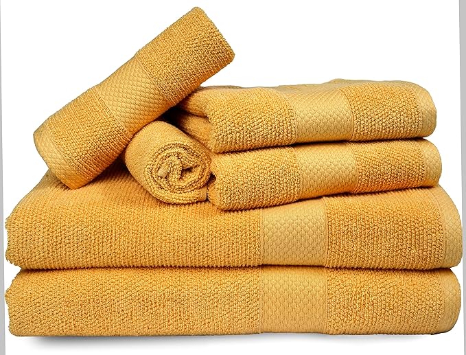 MAURA Premium Bath Towel Set 100% Cotton. 6 Piece Ultra Absorbent Quick Dry Soft Terry Bath Towels for Bathroom, Hotel and Spa Quality, Pure Gold