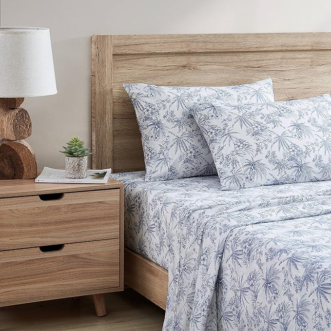 Tommy Bahama - Queen Size Sheets Set, Crisp & Tailored Cooling Sheets with a Smooth Cotton Percale Lightweight Feel - Bed Sheets with Matching Pillowcases & Fitted Sheet (Pen and Ink Palm Blue)