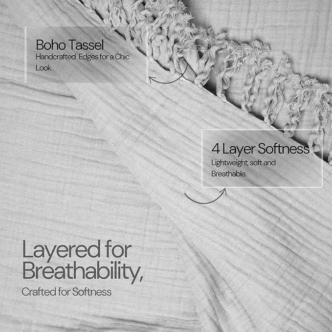 Salt Earth 100% Cotton Muslin Throw Blanket, Gauze Blanket 50"X60" Throw with Tassel 4 Layered for Couch, Bed, Living Room, Lightweight & All Seasons Blankets & Throws, Skin Friendly(Scottish Grey)