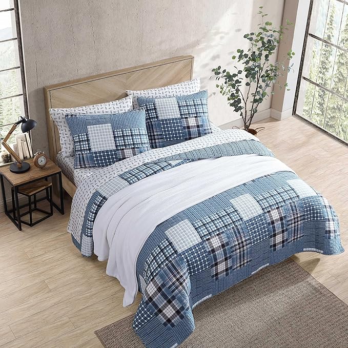 Eddie Bauer - Twin Quilt Set, Reversible Cotton Bedding with Matching Sham, Patchwork Plaid Bedding Set (Hawthorne Blue, Twin)