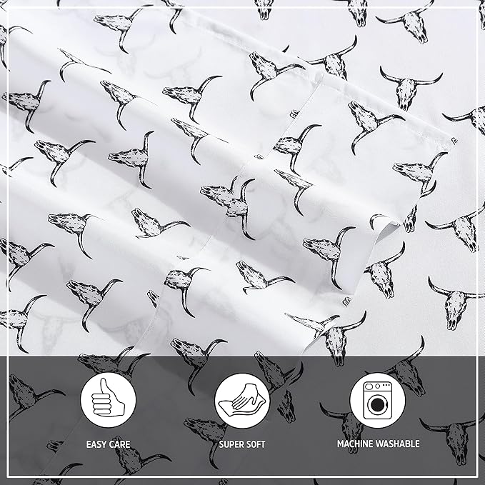Wrangler - Twin Bed Sheets, Ultra-Soft & Lightweight Bedding with Matching Pillowcase, Lightweight Bed Set for All Season Comfort, Oeko-Tex Certified (Steer Skulls Black)