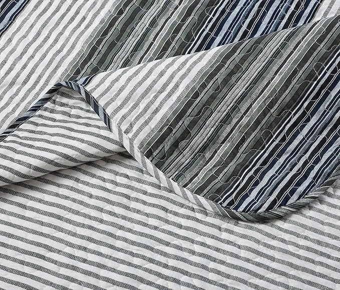 Brilliant Sunshine Multi Grey Stripes Patchwork, 3-Piece Quilt Set with 2 Shams, Reversible Bedspread, Soft Lightweight Coverlet, All-Season, Full/Queen, Multi Grey