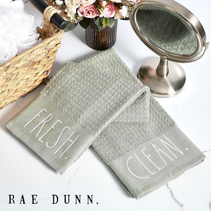 Rae Dunn Hand Towels, Embroidered Decorative Hand Towel for Kitchen and Bathroom, 100% Cotton, Sage- Fresh/Clean, 16"x 26"