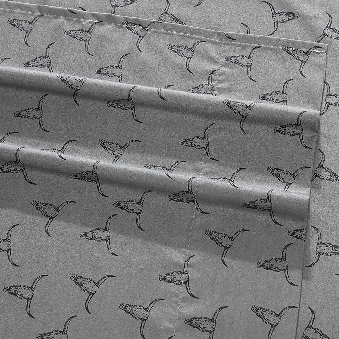 Wrangler - Queen Bed Sheets, Ultra-Soft & Lightweight Bedding with Matching Pillowcases, Lightweight Bed Set for All Season Comfort, Oeko-Tex Certified (Steer Skulls Grey)