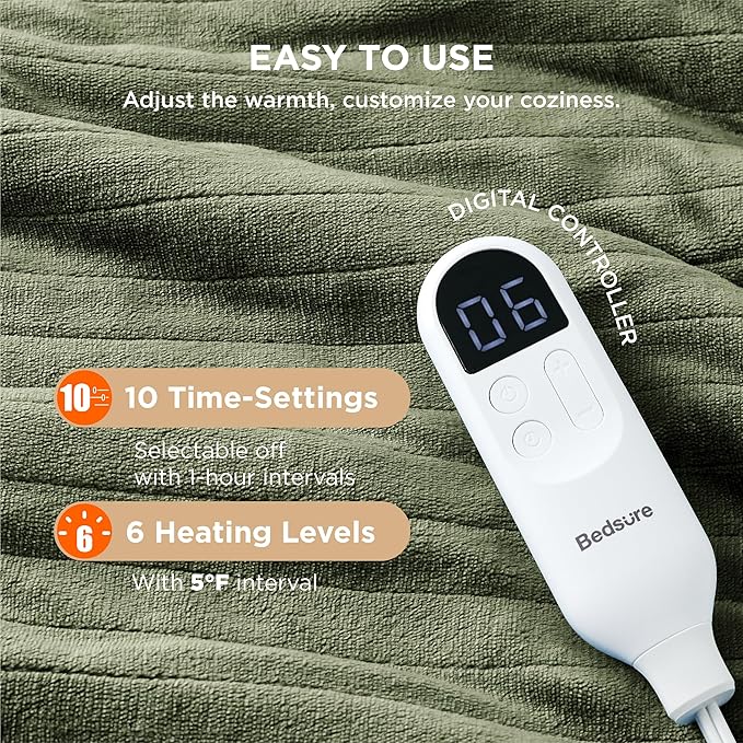 Bedsure Electric Blanket Full Size - Soft Flannel Heated Blanket, Fast Heating with 10 Time Settings & 6 Heat Settings, Warm Gift for Grandma (72x84 inches, Olive Green)