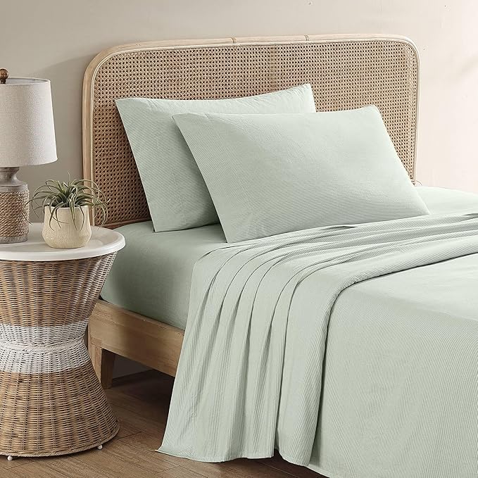 Tommy Bahama - King Sheets, Washed Percale Cotton Bedding Set, Soft & Breathable Bedroom Decor with Deep Pockets (Island Cays Stripe Green, King)