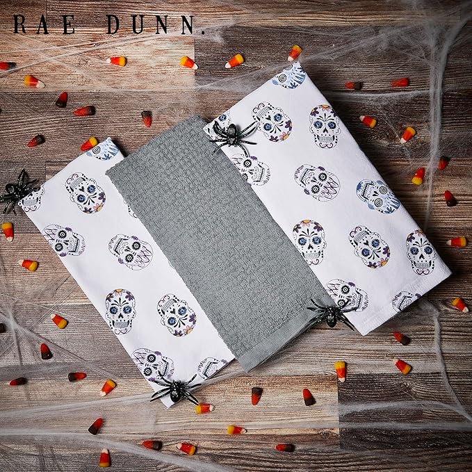 Rae Dunn Set of Hand Towels for Kitchen and Bathroom, 100% Cotton, Embroidered Dish Towels, Decorative Hand Towels, Skulls/Gray, 3 Pack