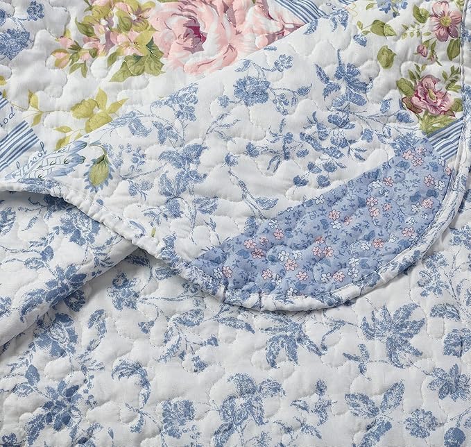 Brilliant Sunshine Blue Rose Patchwork, 2-Piece Quilt Set with 1 Sham, Reversible Bedspread, Soft Lightweight Coverlet, All-Season, Twin, Blue Rose