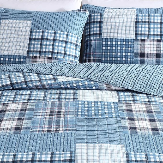 Eddie Bauer - Twin Quilt Set, Reversible Cotton Bedding with Matching Sham, Patchwork Plaid Bedding Set (Hawthorne Blue, Twin)