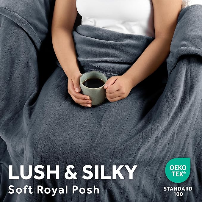 Sunbeam Royal Posh Velvet Heated Throw Electric Blanket, 50" x 60", 4 Heat Settings, 4-Hour Auto Shut-Off, Warming Throw for Couch, Fast Heating, Machine Washable, Warm and Cozy, Rain Storm Blue
