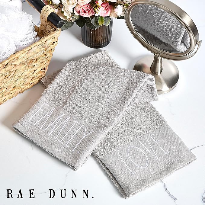 Rae Dunn Hand Towels, Embroidered Decorative Hand Towel for Kitchen and Bathroom, 100% Cotton, Gray- Family/Love, 16"x 26"