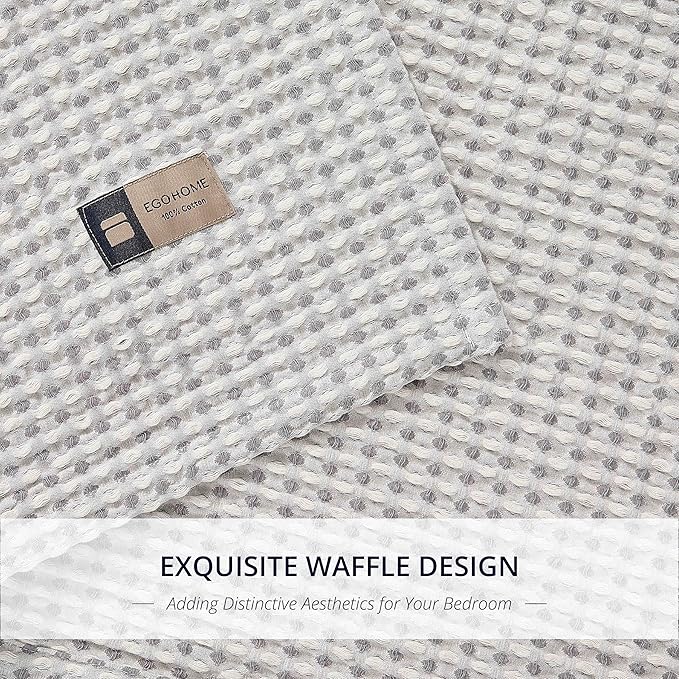 EGOHOME 100% Cotton Queen Size Blankets for Bed,Soft Jacquard Waffle Weave Blanket,Lightweight and Breathable Unique Dual-Tone Texture Cotton Blanket for All Seasons-Sleet Grey,90 x 90 Inches