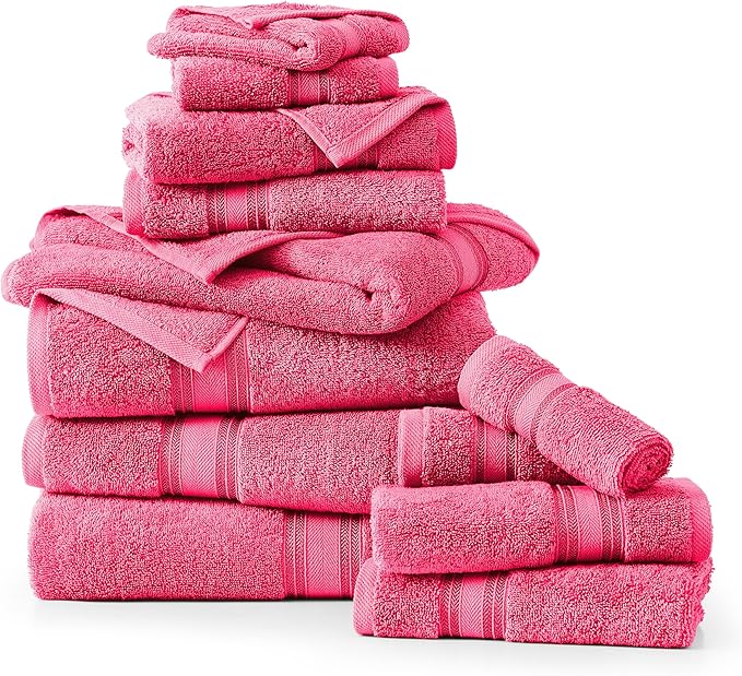 LANE LINEN 12 Pc Bath Towels Set – Ultra Soft 100% Mercerized Cotton, 4 Bath, 4 Hand Towel & 4 Wash Cloth, Zero Twist, Quick-Dry, Long-Lasting Comfort & Hotel Quality, Machine Washable – Fuchsia