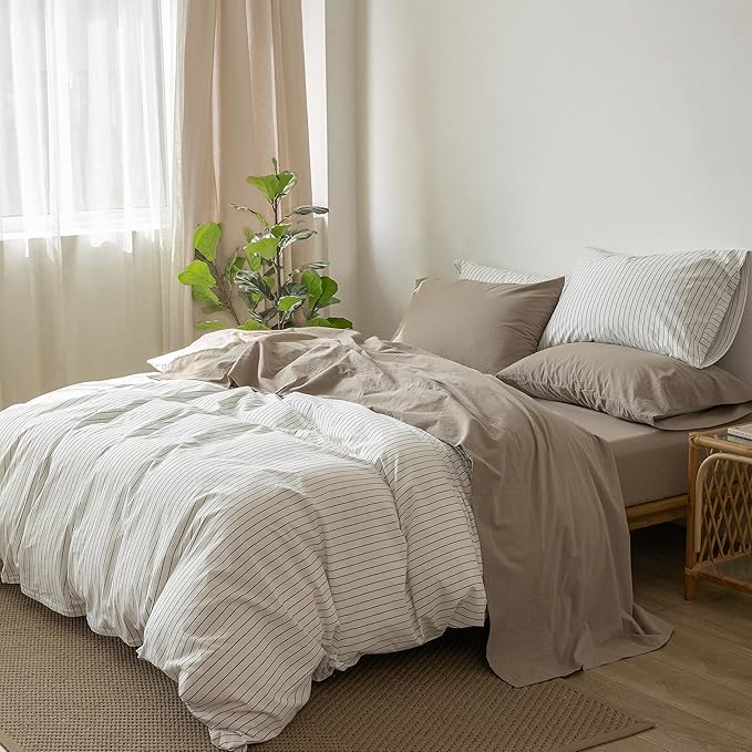 MooMee Bedding Sheet Set 100% Washed Cotton Linen Like Textured Breathable Durable Soft Comfy (Solid Mocha Brown, Split King)
