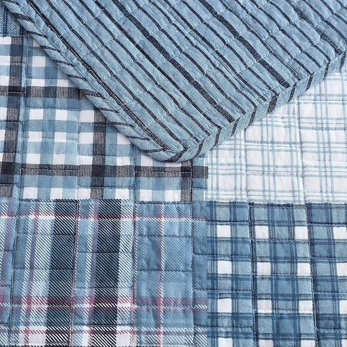 Eddie Bauer - Twin Quilt Set, Reversible Cotton Bedding with Matching Sham, Patchwork Plaid Bedding Set (Hawthorne Blue, Twin)