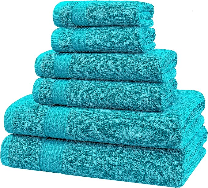 American Veteran Towel, 6 Piece Towel Set for Bathroom, 100% Cotton Turkish Bathroom Towels, 2 Bath Towels 2 Hand Towels 2 Washcloths, Aqua Blue