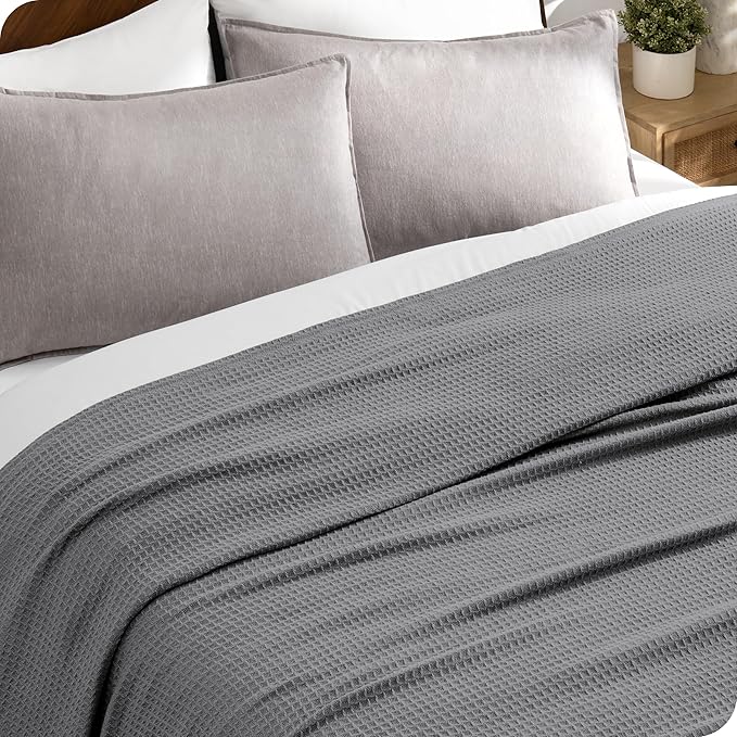 Bare Home Grey Waffle Blanket, Throw Size 44Wx66L, 100% Cotton, Soft & Breathable for All Seasons, Lightweight, Perfect for Layering Bed, Sofa & Couch (Throw/Travel, Grey)