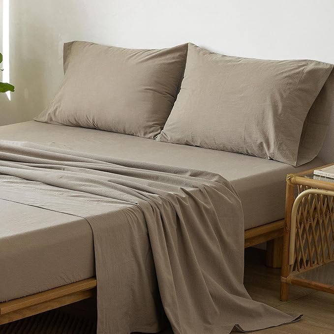 MooMee Bedding Sheet Set 100% Washed Cotton Linen Like Textured Breathable Durable Soft Comfy (Solid Mocha Brown, Twin)